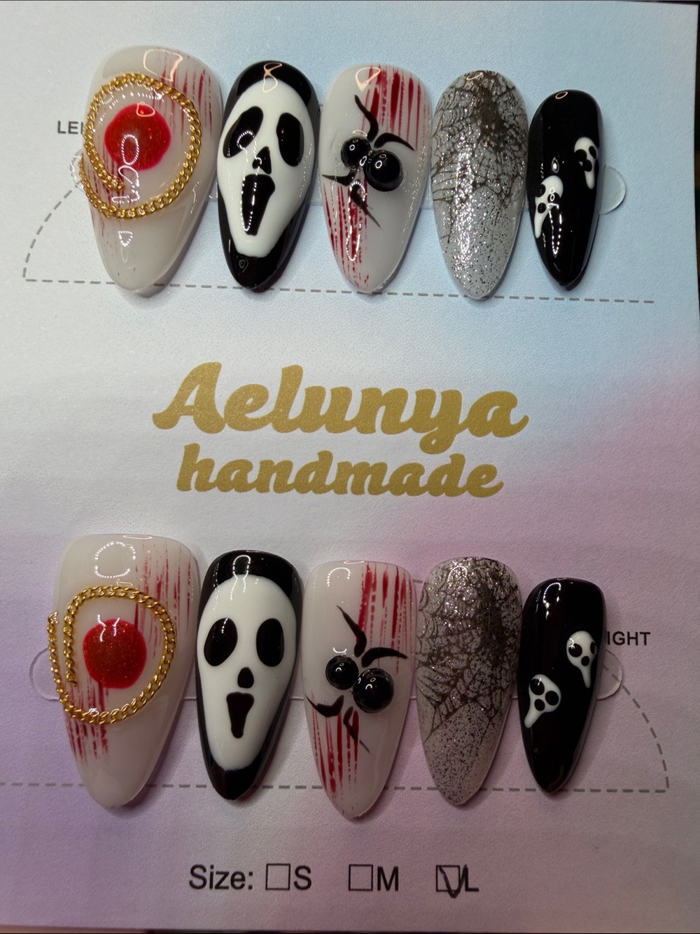 Aelunya Handmade Women's Halloween Press-On Nails — Black, White, Red, Silver